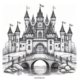 Front View Of A Castle Coloring Page With Bridge And Moat