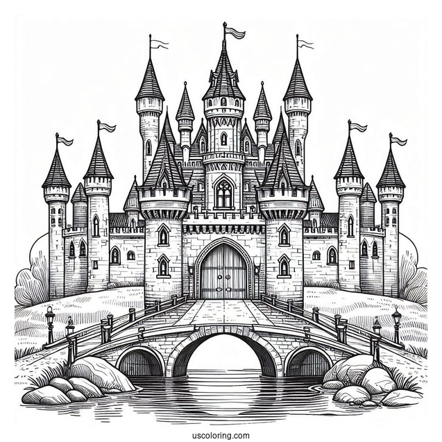 Front View Of A Castle Coloring Page With Bridge And Moat