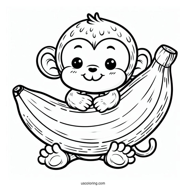 Cute Monkey Hugging A Large Banana Coloring Page