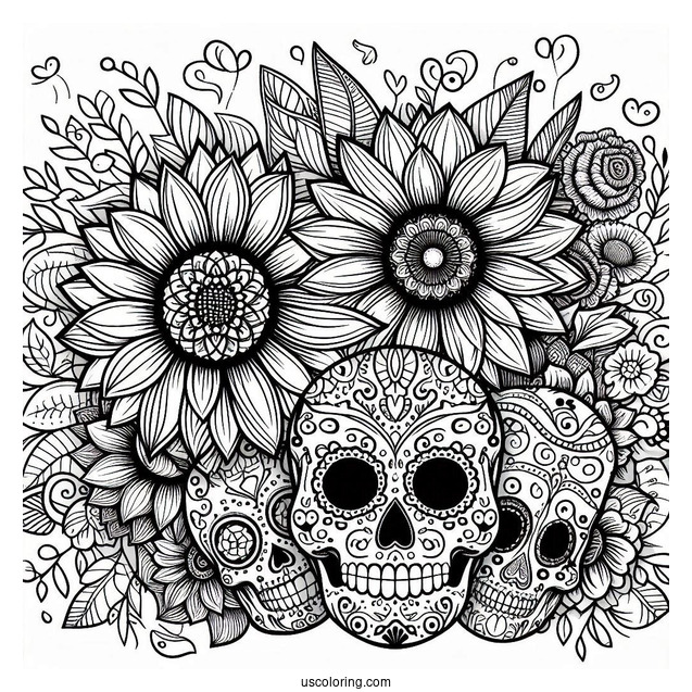 Sunflower Themed Sugar Skulls Coloring Page With Floral Background