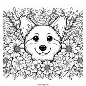 Corgi Coloring Page Face Surrounded By Flowers