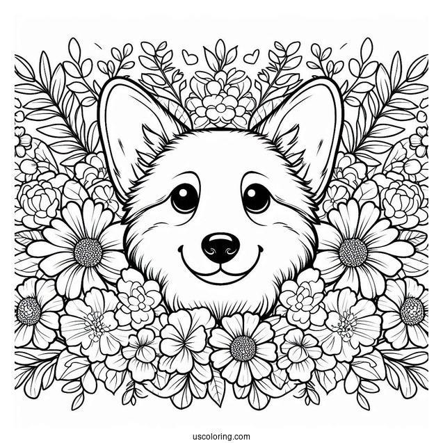 Corgi Coloring Page Face Surrounded By Flowers