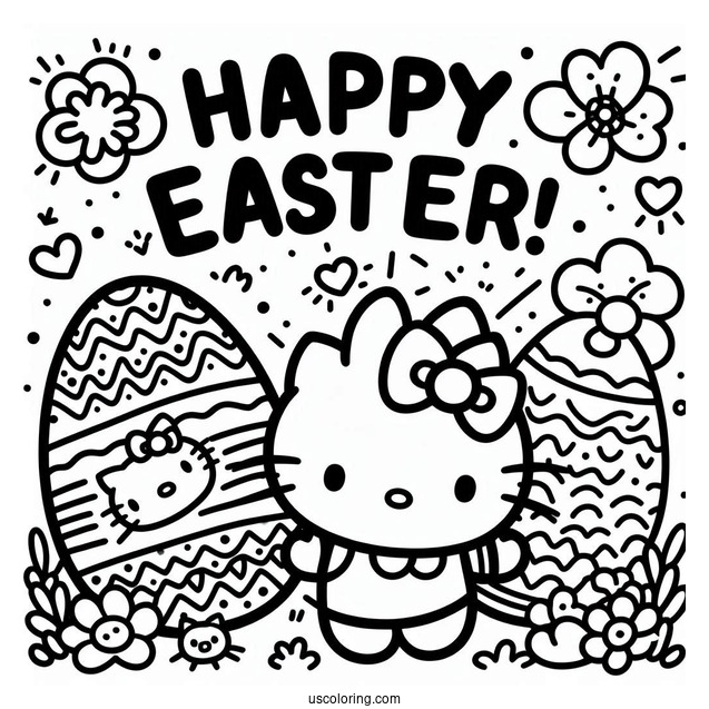 Happy Easter Word Over Hello Kitty And Easter Coloring Page Of Egg For Preschoolers