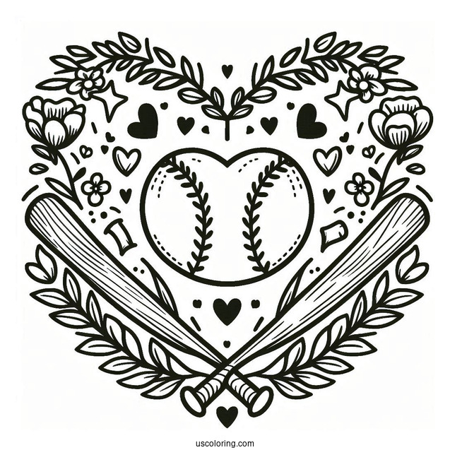 Baseball Coloring Page Of Heart and Bats For Preschoolers