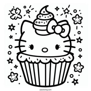 Adorable Hello Kitty Cupcake Coloring Page