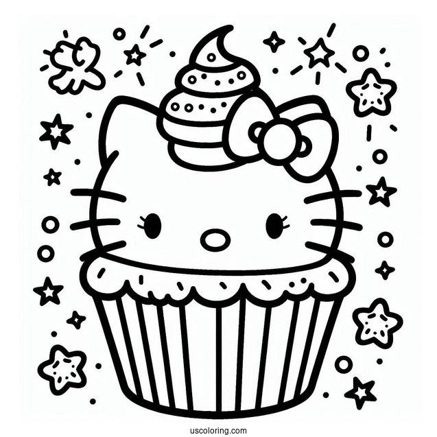 Adorable Hello Kitty Cupcake Coloring Page