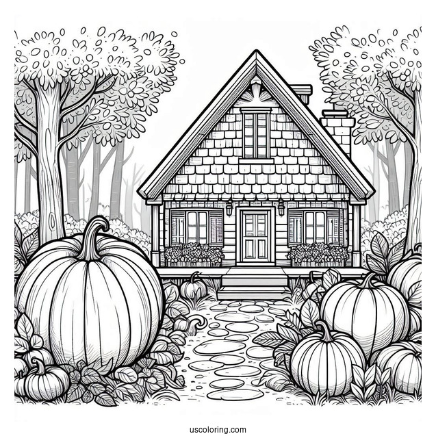 Cottagecore Pumpkin Coloring Page House In The Forest