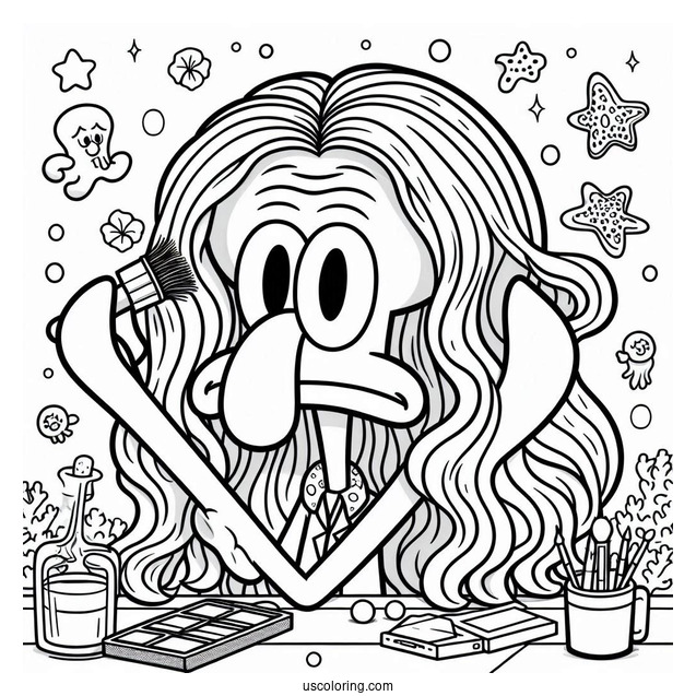 Squidward Coloring Page Putting On Wig
