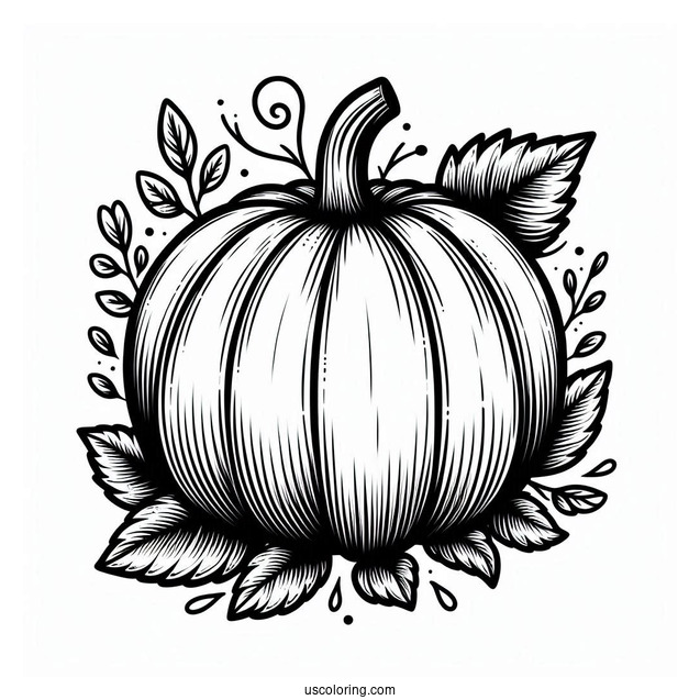 Large Pumpkin Coloring Page With Leaves To Color