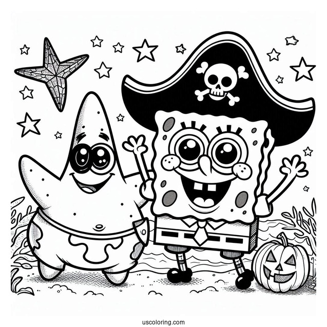 Pirate Patrick Star And SpongeBob Coloring Page On Halloween