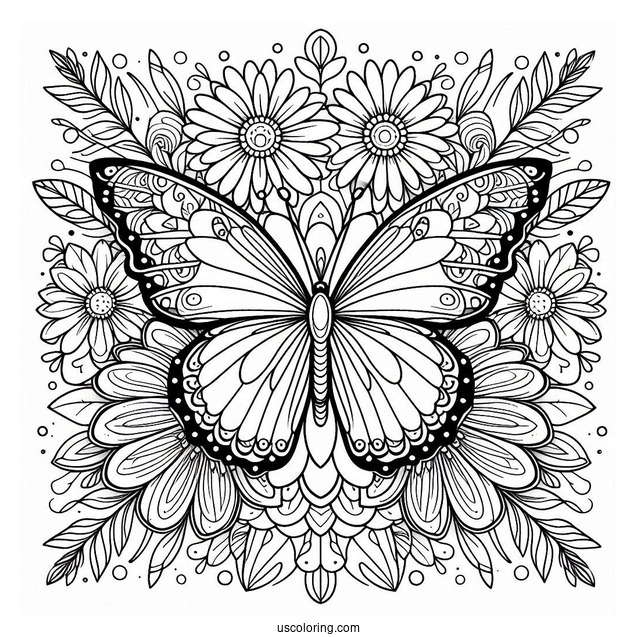 Butterfly Coloring Page On Pretty Flowers Inside A Floral Mandala
