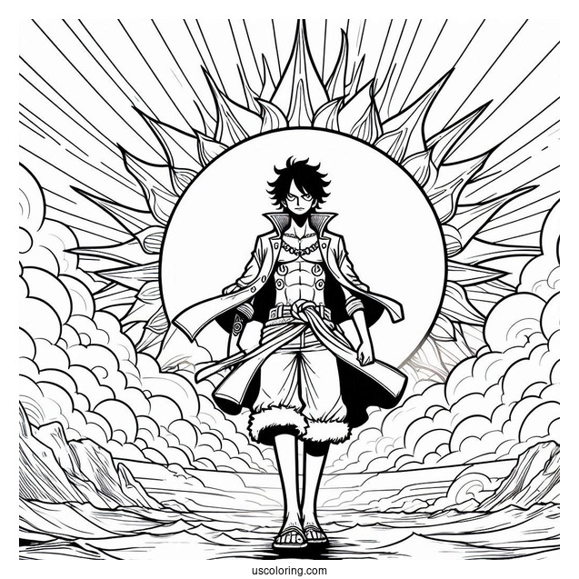One Piece Coloring Page Of Portgas D. Ace In Front Of Sun