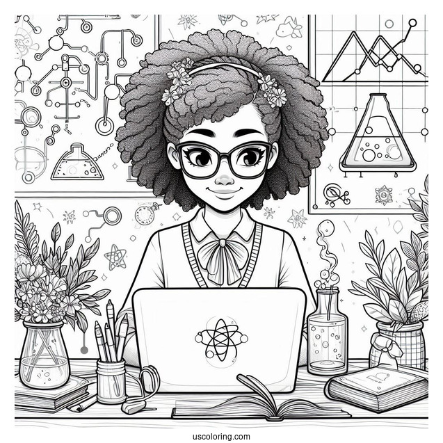 Nerdy Girl Studying Science Coloring Page On Her Laptop For Kids