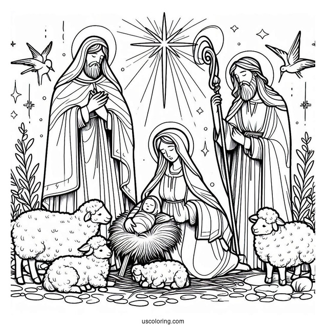 Nativity Coloring Page With Shepards And Kings