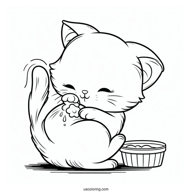 Coloring Page Of Cat Cleaning Itself