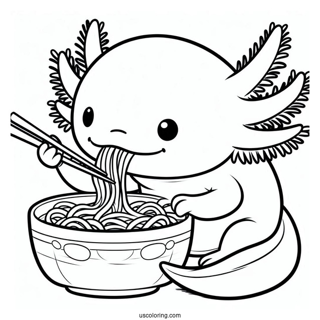 Axolotl Coloring Page Eating Ramen For Kids