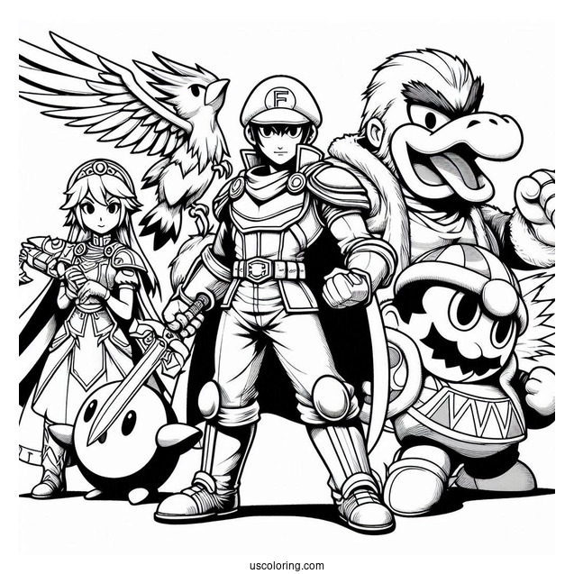Super Smash Bros Coloring Page Of Captain Falcon, Lucina, Villager, Richter, King Dedede