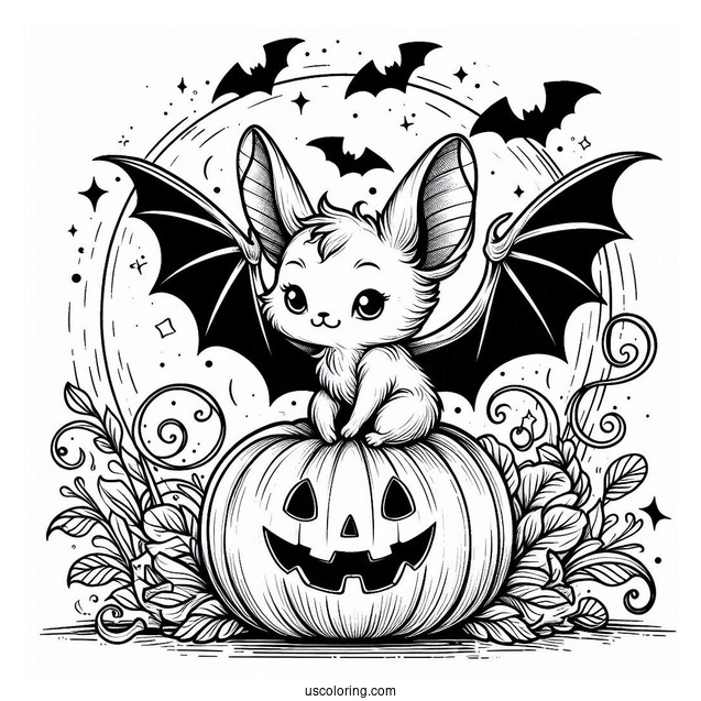Small Bat Coloring Page Sitting On Jack O Lantern Halloween