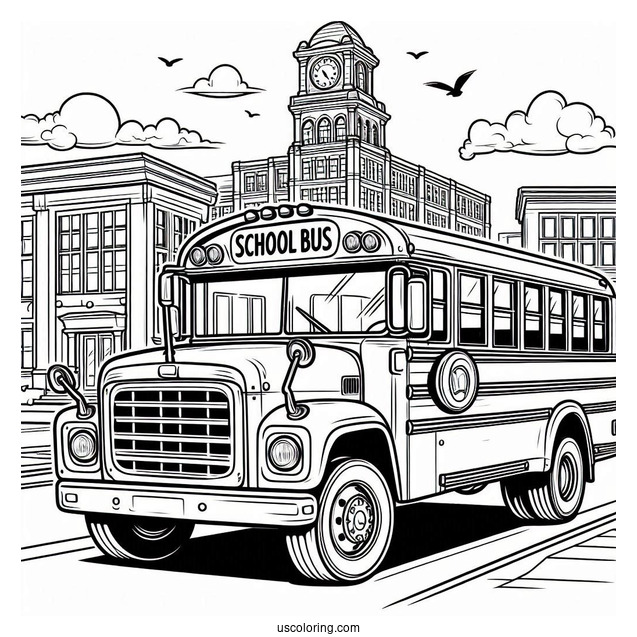 Classic School Bus Coloring Page in Front of A Building