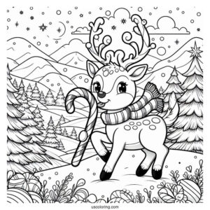 Christmas Coloring Pages For Adults Of Rudolph Biting Candy Cane In Snowy Landscape