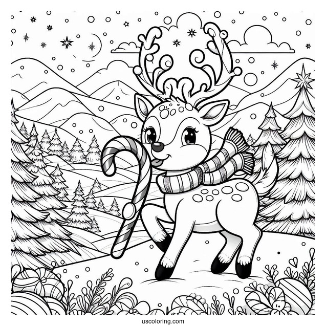 Christmas Coloring Pages For Adults Of Rudolph Biting Candy Cane In Snowy Landscape