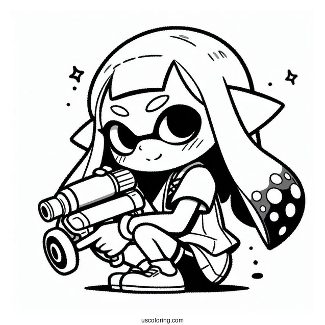 Splatoon Coloring Page Of Kawaii Inkling Girl Crouching While Holding Inkjet