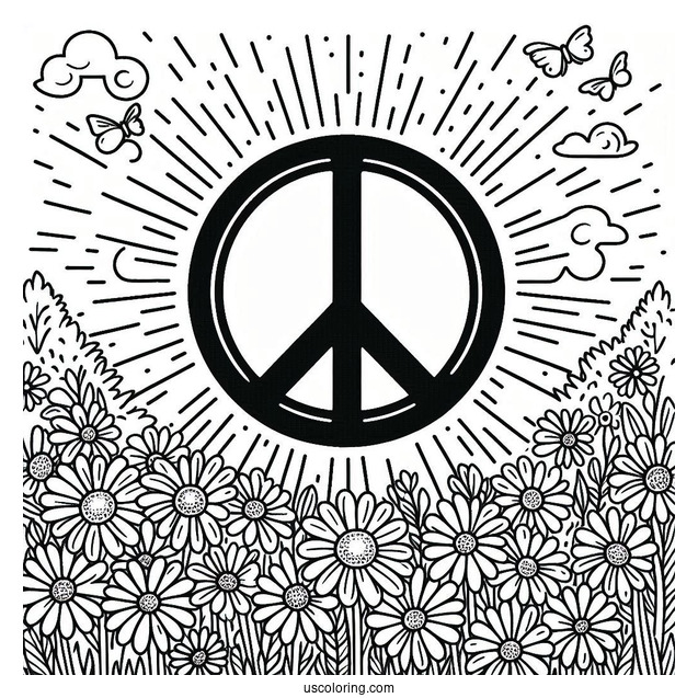Peace Coloring Page Of Sign On A Flower Field Made Of Daisies