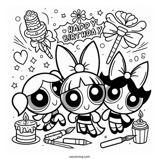 Happy Birthday Powerpuff Girls Coloring Page