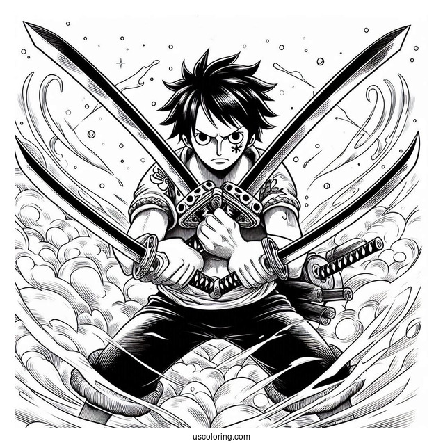 One Piece Coloring Page Of Zoro Using Three Swords In Battle