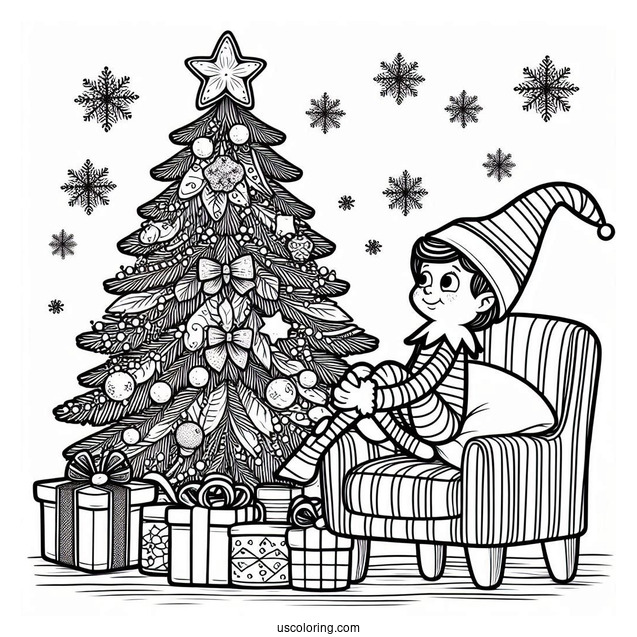 Elf On The Shelf With Christmas Tree To Color