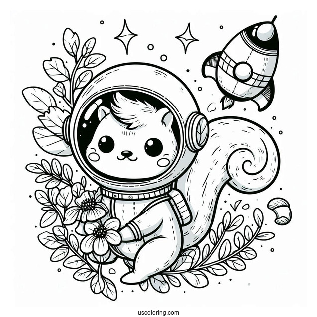 Cute Astronaut Squirrel Coloring Page With Flower And Chestnut