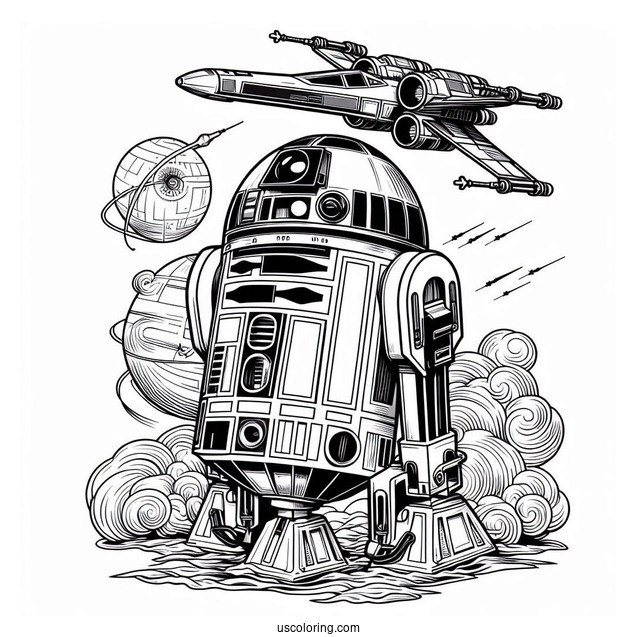 R2-D2 Coloring Page On Top Of X-Wing