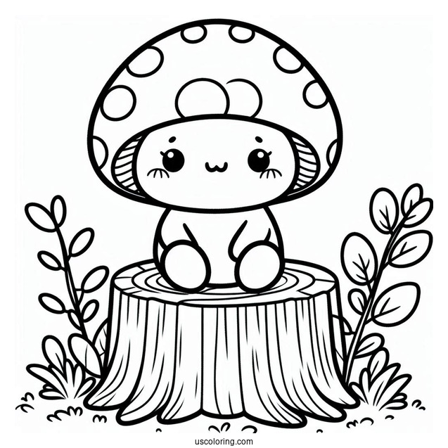 Kawaii Mushroom Coloring Page Sitting On A Tree Stump For Kids