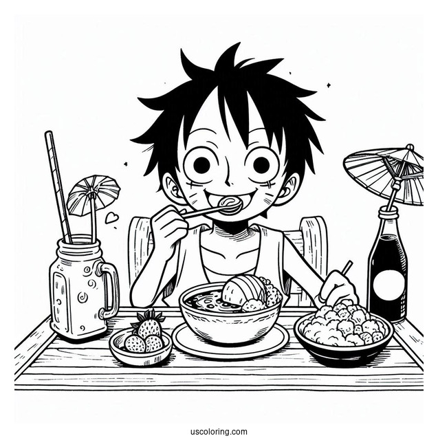 Luffy Coloring Page Eating And Drinking With Nami