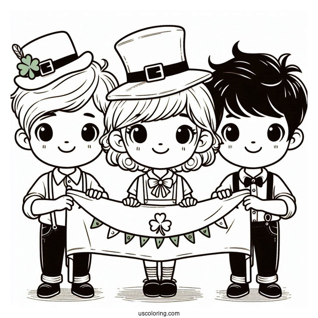 Three Children Holding Up A St. Patrick's Day Coloring Page Banner