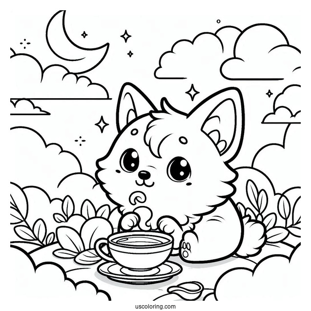 Cartoon Corgi Coloring Page In The Clouds Having Tea