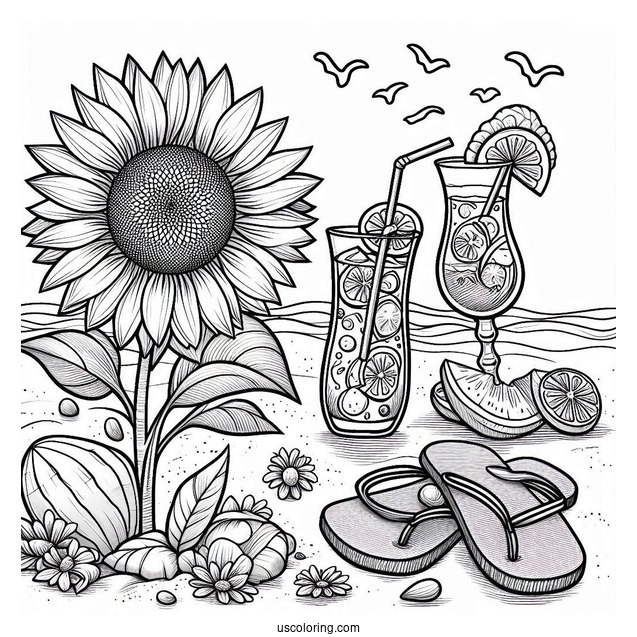 Summer Coloring Page Of Sunflower, Flip Flops, And Cocktails