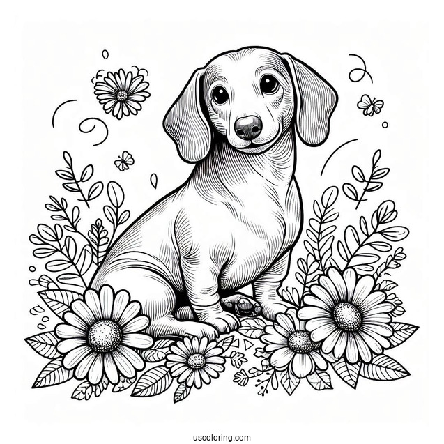 Dachshund Coloring Page Sitting With Flowers