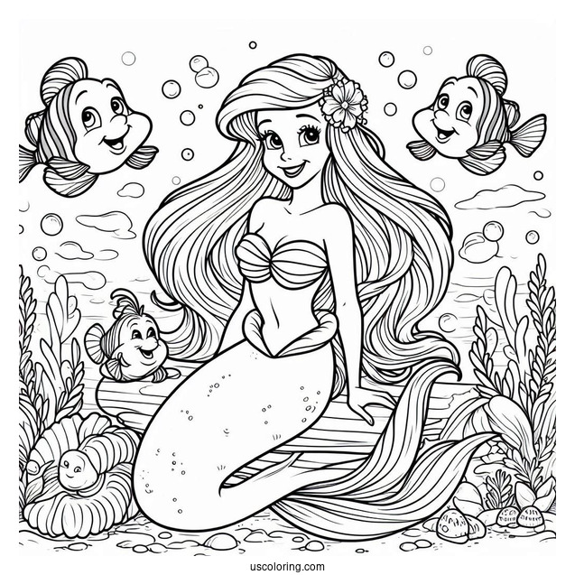 Ariel With Sebastian And Flounders Coloring Sheet