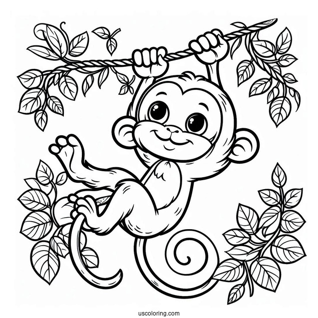 Jungle Coloring Page Of Easy Monkey Hanging From Vine For Kids