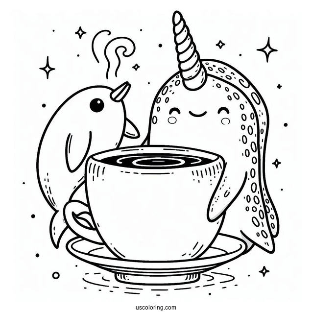 Narwhal Coloring Page Having Coffee With A Penguin