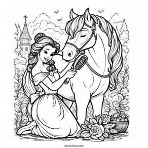 Belle Brushing Her Horse Phillipe To Color
