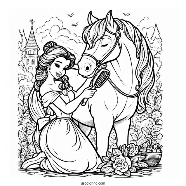 Belle Brushing Her Horse Phillipe To Color