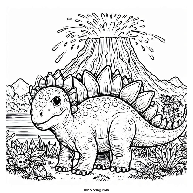 Stegosaurus Coloring Page In Front Of Erupting Volcano
