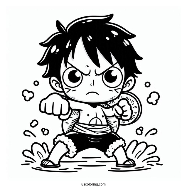 Kawaii Luffy Coloring Page In Fighting Pose On The Sea For Kids