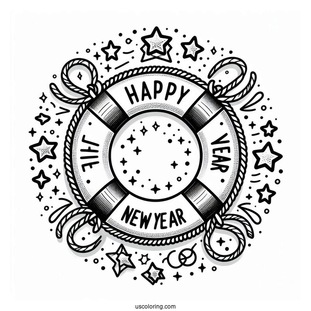 Life Buoy Ring With Happy New Year Coloring Page Of Words And Stars