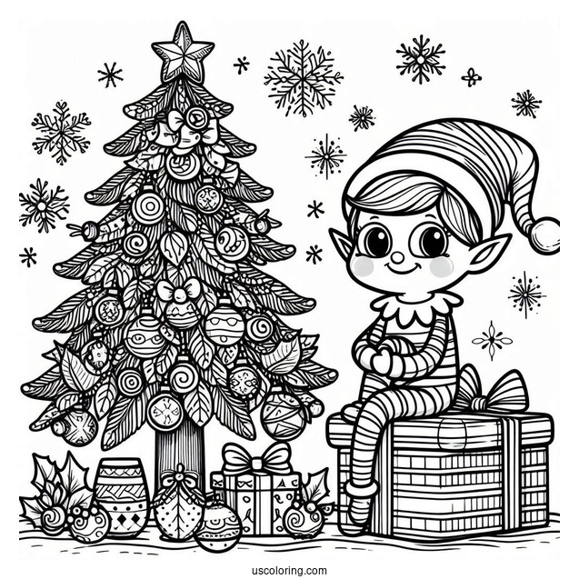 Elf On The Shelf With Christmas Tree To Color