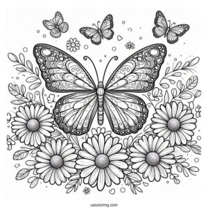 Butterfly Coloring Page Surrounding A Bunch Of Daisies