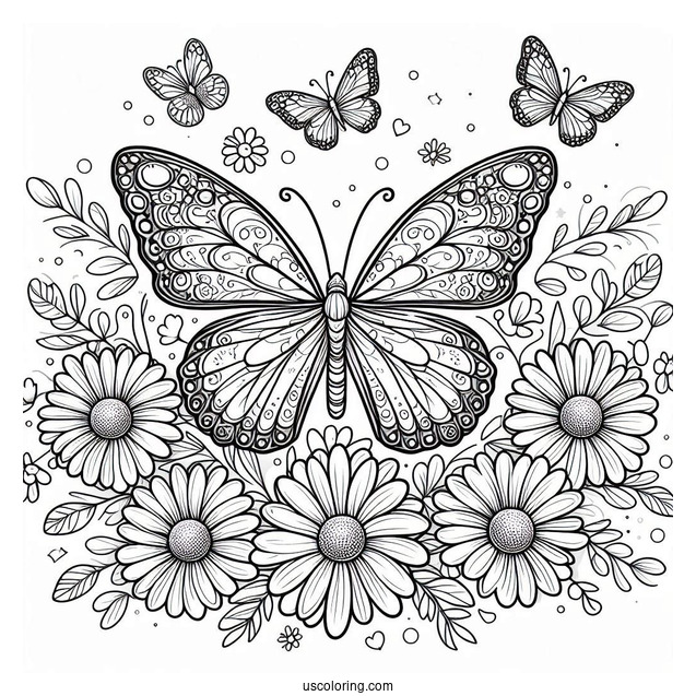 Butterfly Coloring Page Surrounding A Bunch Of Daisies