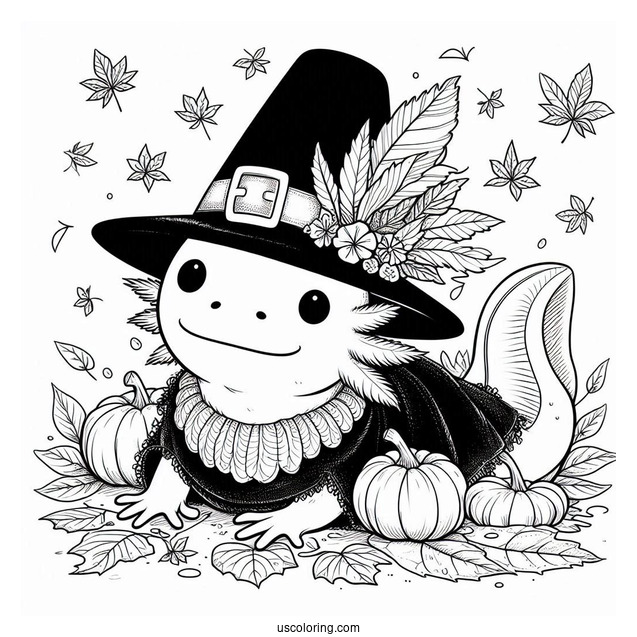 Axolotl Coloring Page Dressed As A Pilgrim In Autumn